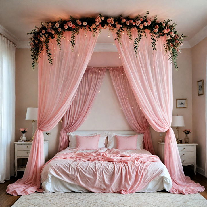 pink canopy draped over bed