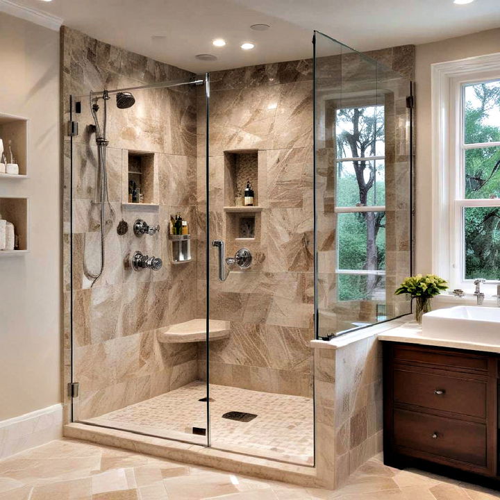 stone enclosed elegant corner shower