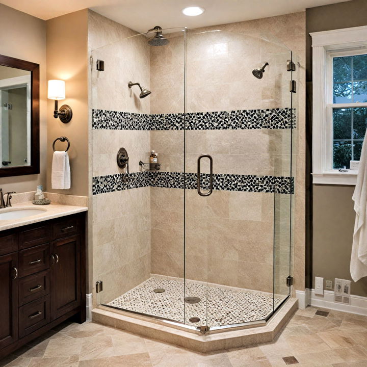 striking mosaic tiled corner shower