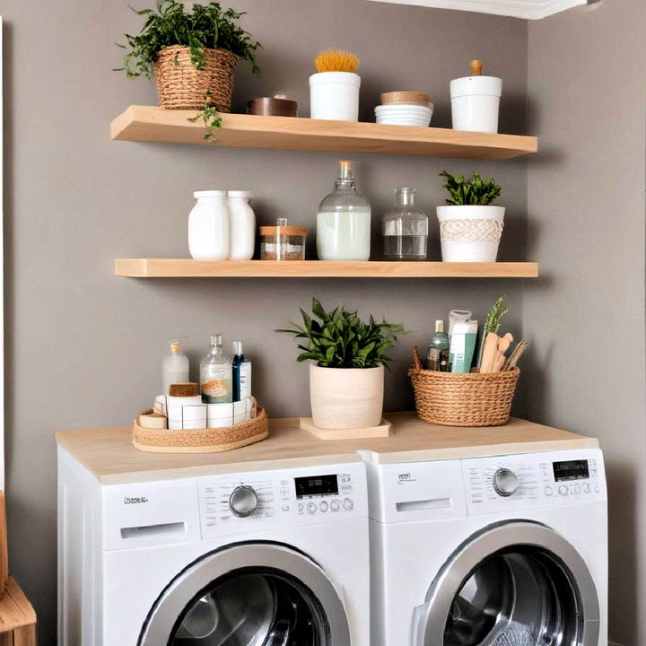 modern laundry room floating shelves