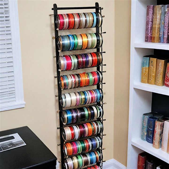 repurposed wine rack ribbon storage