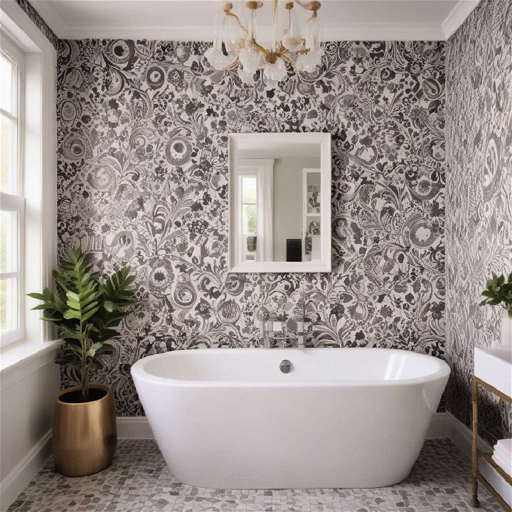 patterned wallpaper for bathtub surround