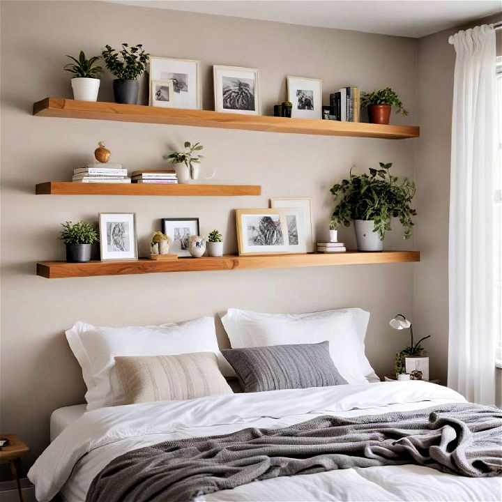 install floating shelves above the bed
