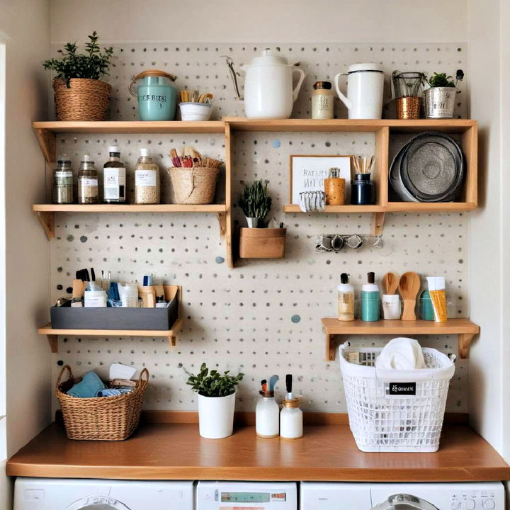 laundry room pegboard shelves