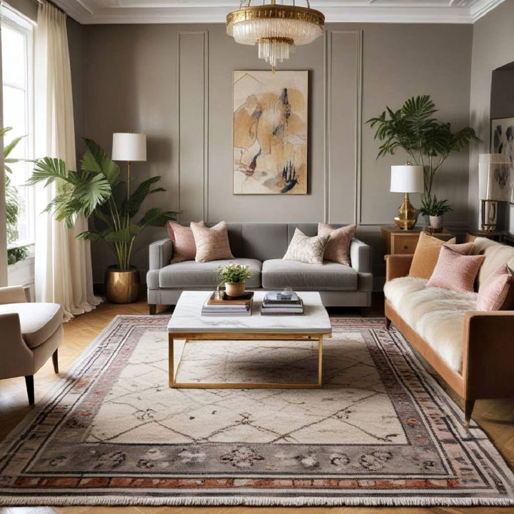 layered rugs art deco living room