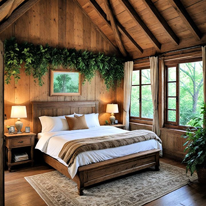 leafy and earthy cabin bedroom decor