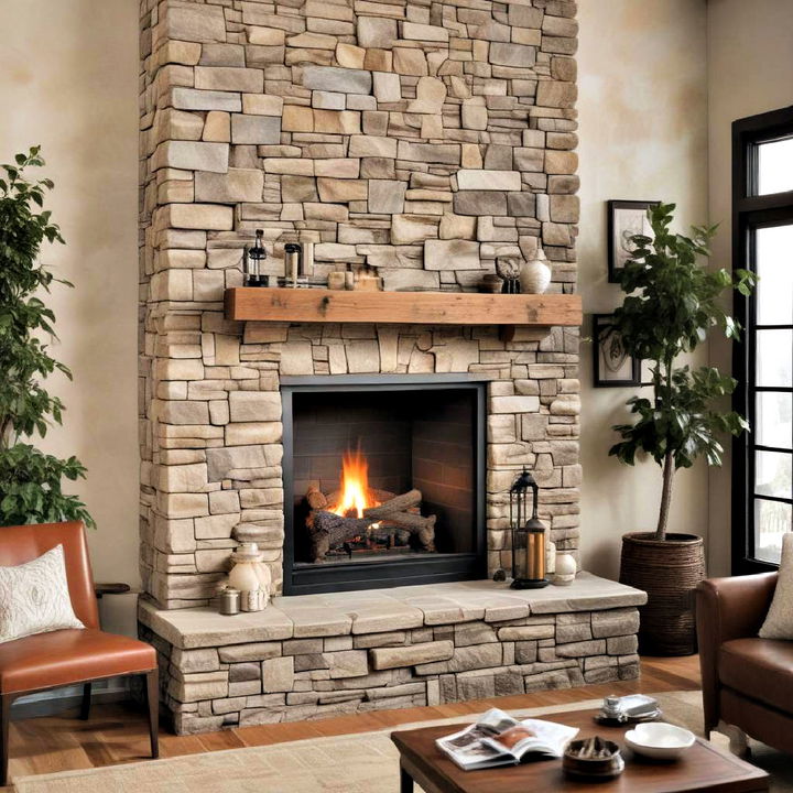 living room stone veneer fireplace