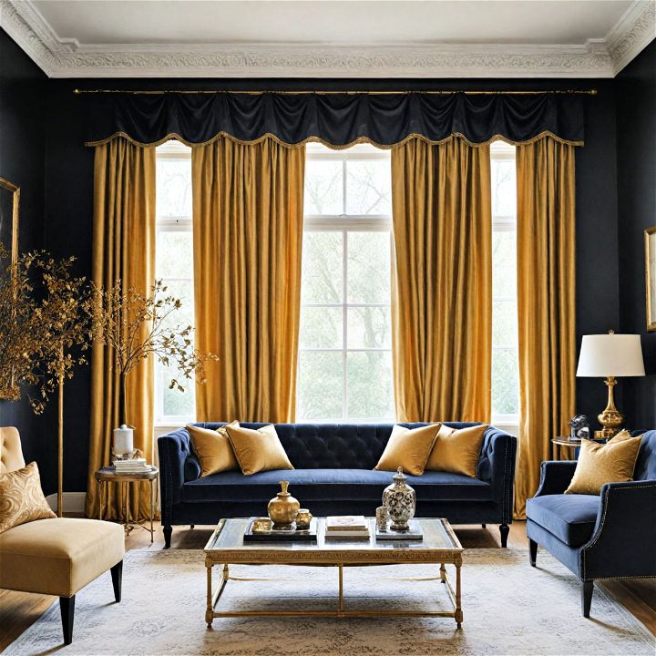 luxurious gold drapes for black and gold living room