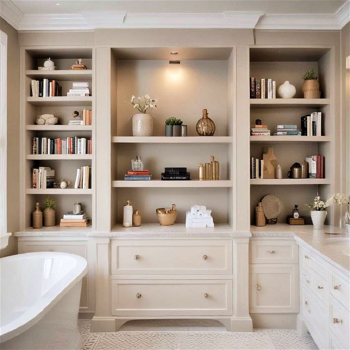 luxurious master bathroom with built in bookshelves