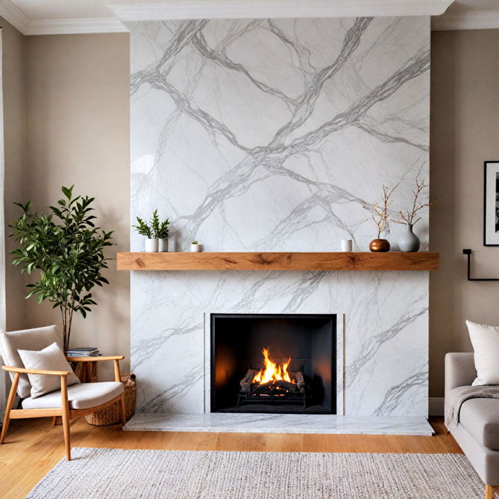 marble and wood combo scandinavian fireplace