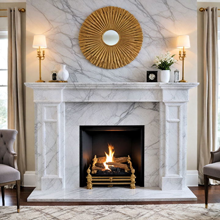 marble fireplace with metallic accents