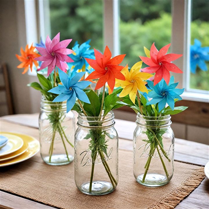 mason jars filled with colorful pinwheels