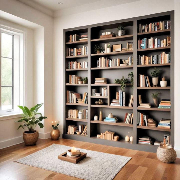 meditation space with built in bookshelves design