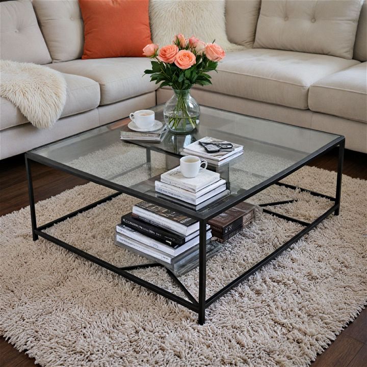 metal coffee table with plush rug
