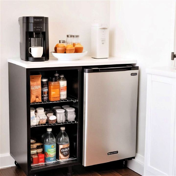 mini fridge next to the coffee station