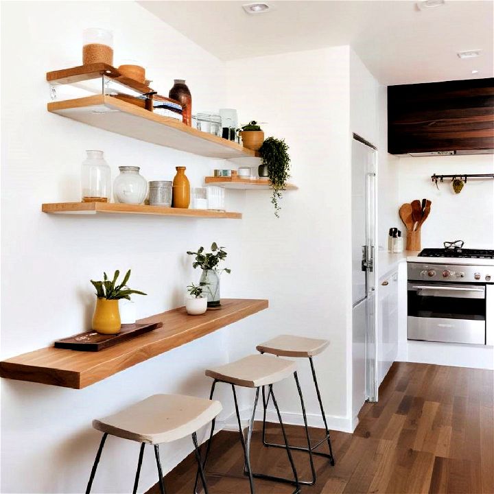 minimalist floating shelf island with stools