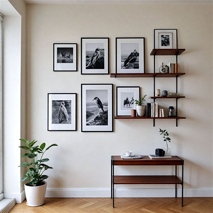 minimalist wall and shelf to let artworks breathe