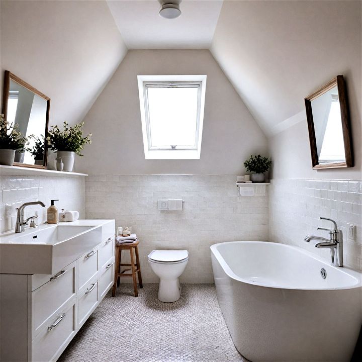 minimalist white theme attic bathroom