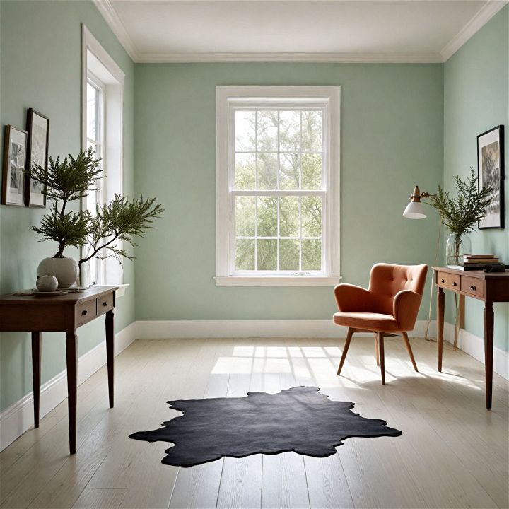 mint green wall and white pine floor