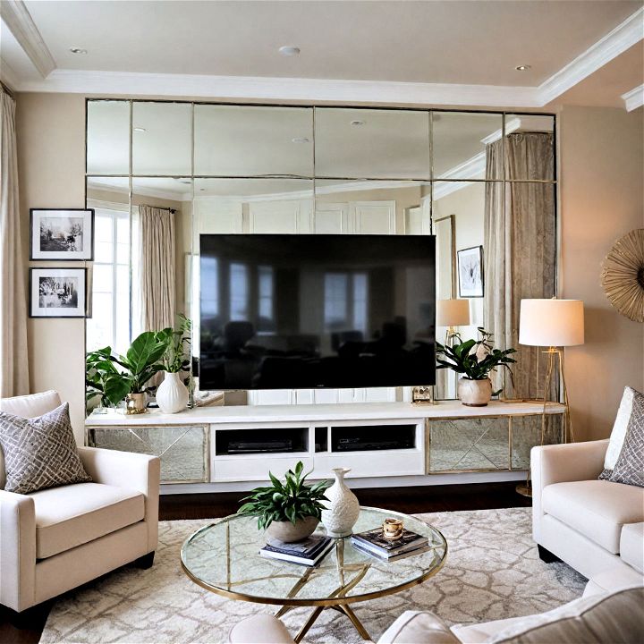 mirrored panels tv accent wall