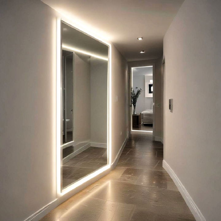 modern backlit mirrors for narrow hallway