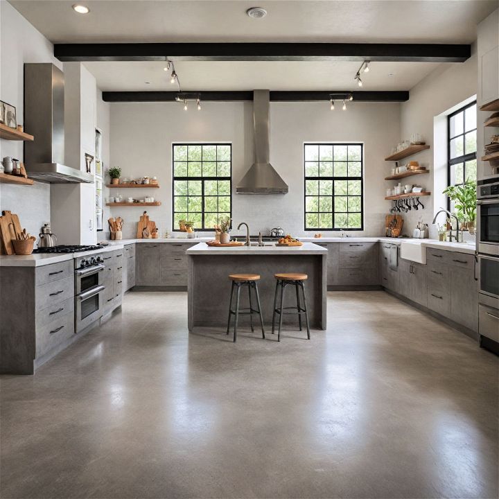 modern concrete floor barndominium kitchen