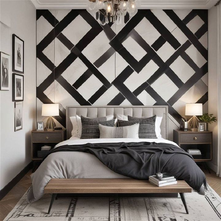 modern monochrome palette art deco bedroom
