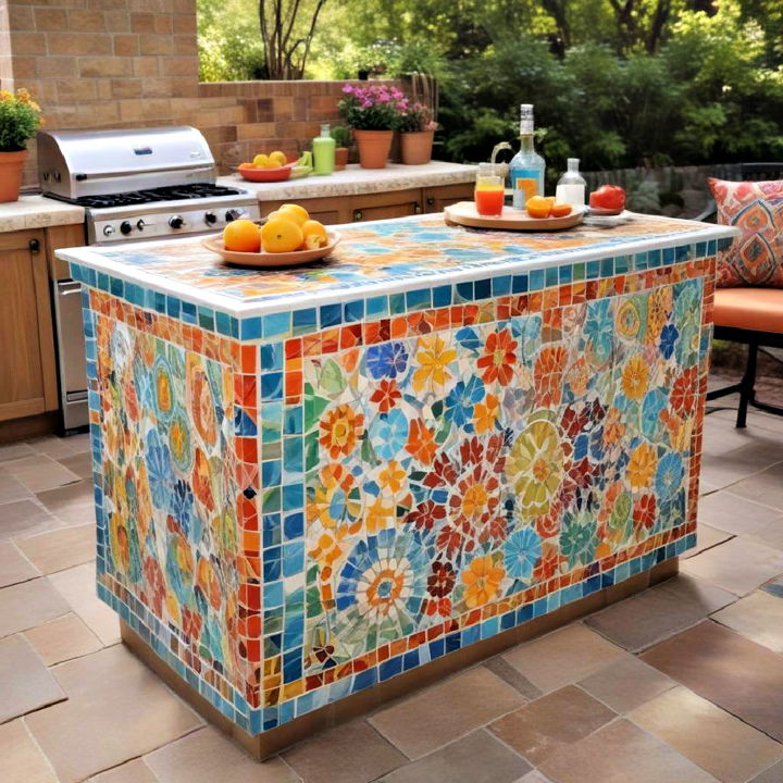 mosaic tiled outdoor kitchen island