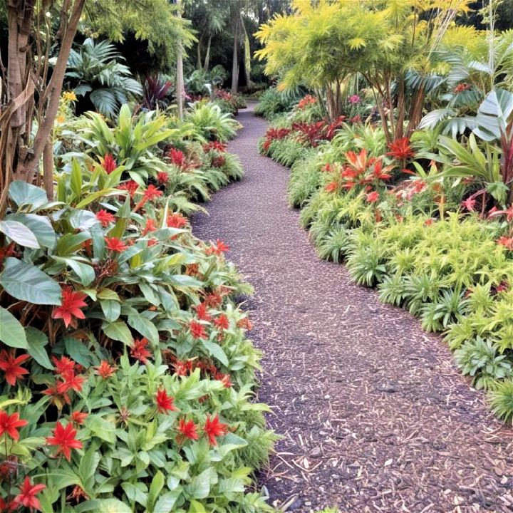 mulched pathways into a tropical theme
