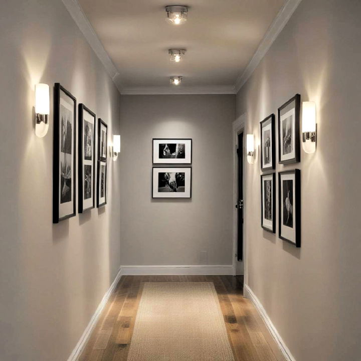 narrow hallway into an art gallery with picture lighting