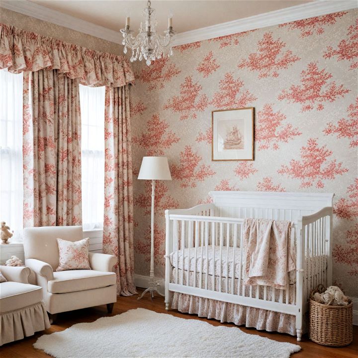 nuetral nursery with classic toile elegance