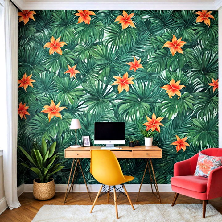 office with tropical themed wallpaper