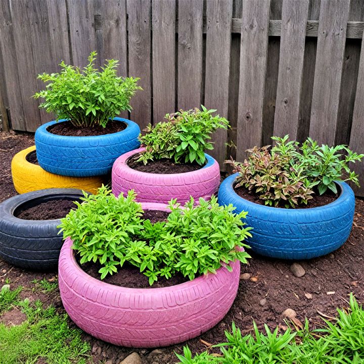 old tires as colorful planters
