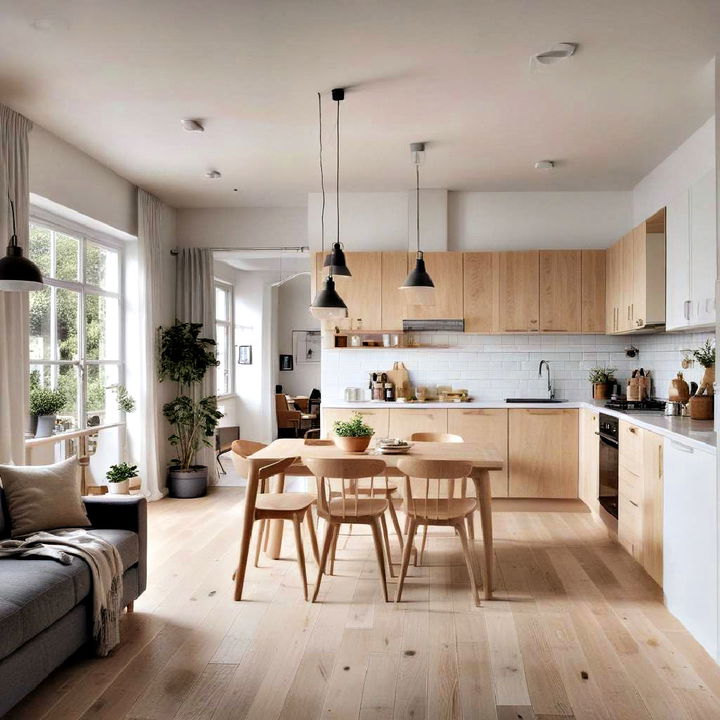 open floor plan scandinavian kitchen