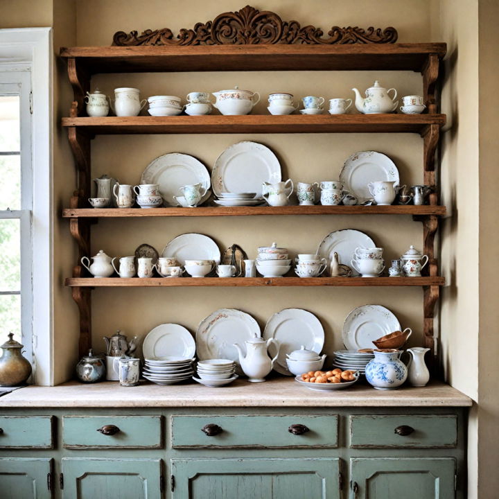 open shelving in french country kitchen