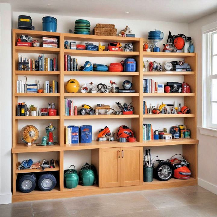 organized garage space with built in bookshelves