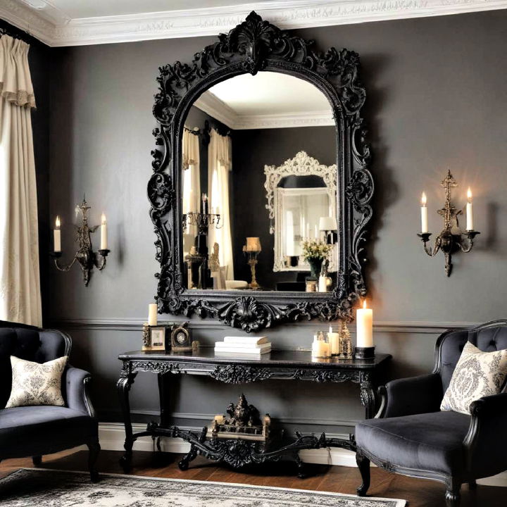 ornate mirror with a dark intricate frame