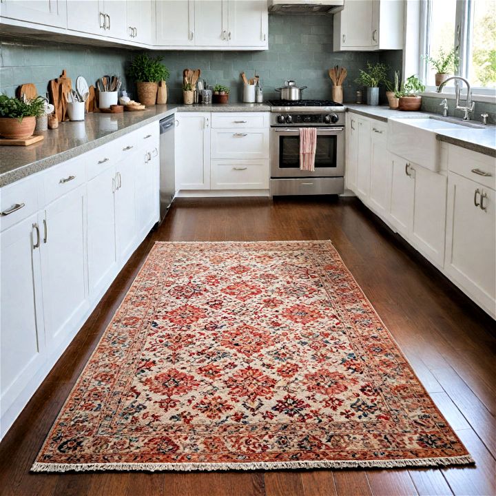 patterned area rug for open kitchen