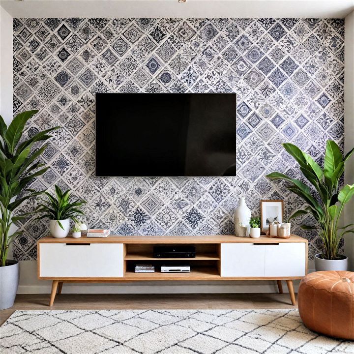 patterned tiles tv accent wall
