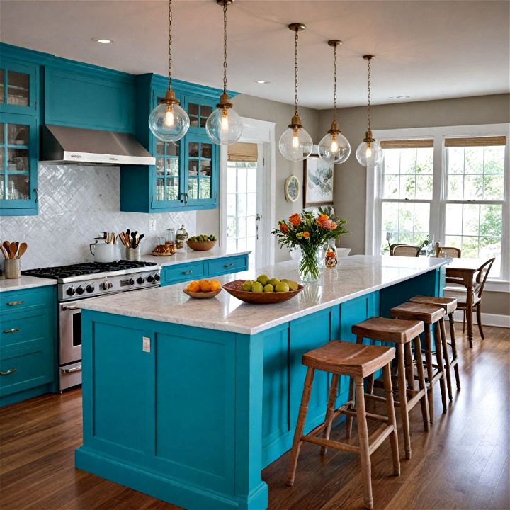personality vibrant teal kitchen island