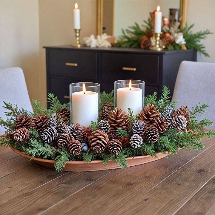pinecone and evergreen holiday season display