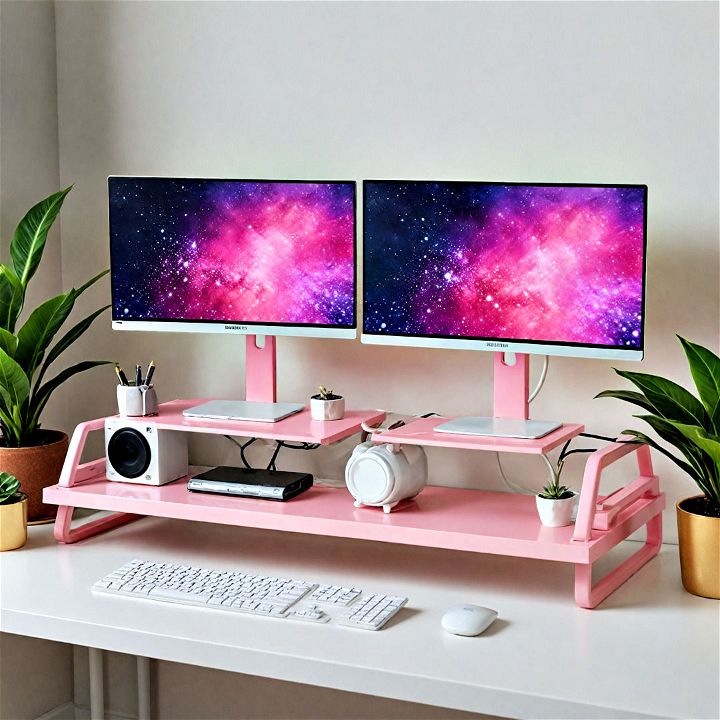 pink dual monitor stand