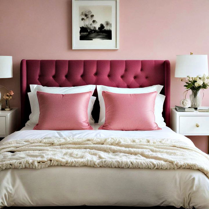 pink headboard with neutral bedding