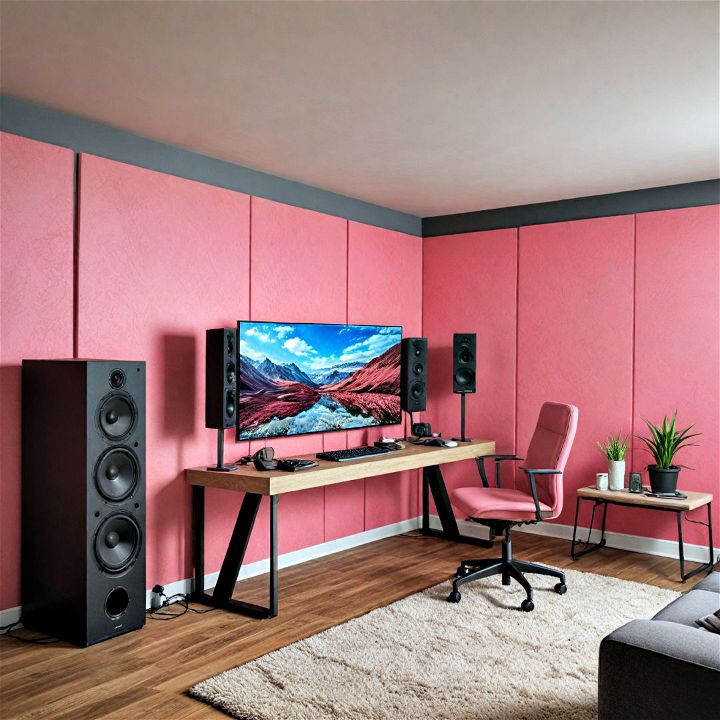 pink soundproofing panels gaming setup