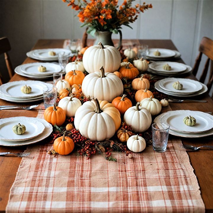 plaid and pumpkins for thanksgiving centerpiece