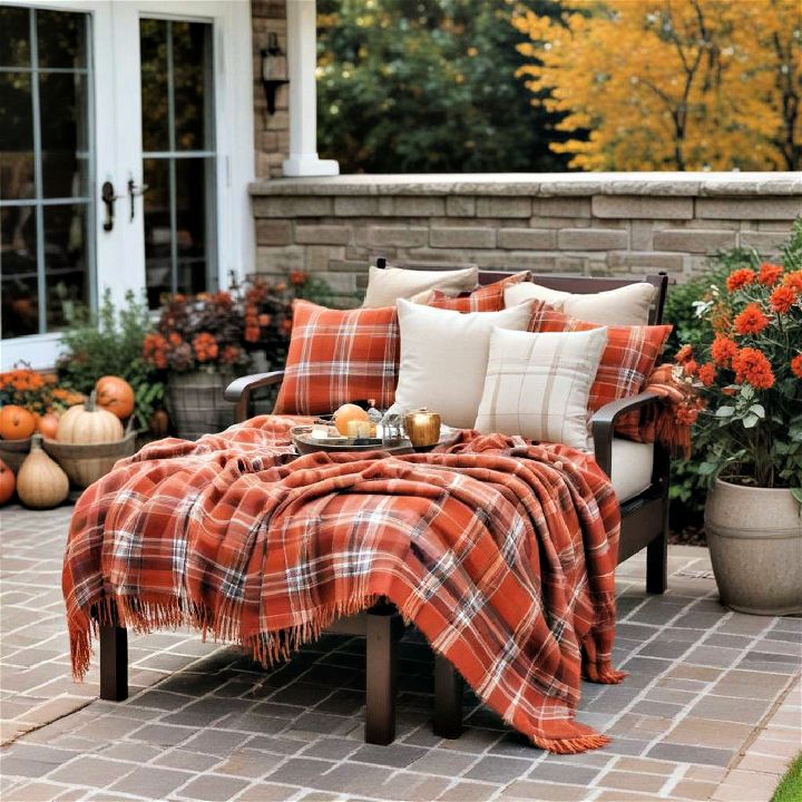 plaid blanket over outdoor seating
