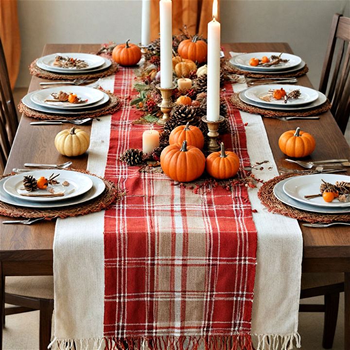 plaid blanket table runner for fall decor