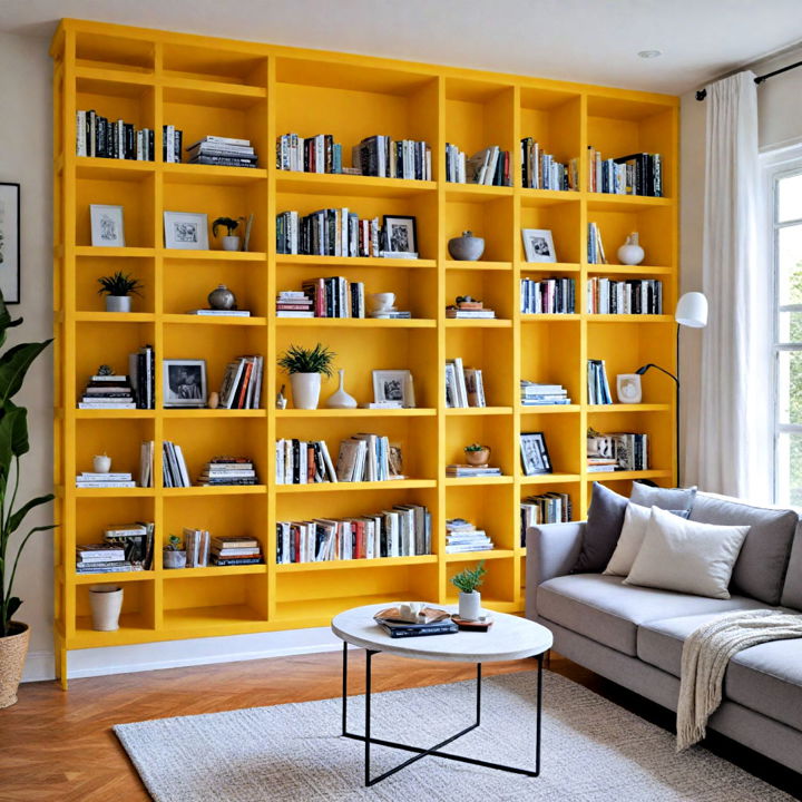 pop of color bookshelves for yellow living room