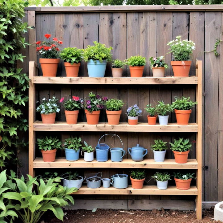 potting shelves along fence