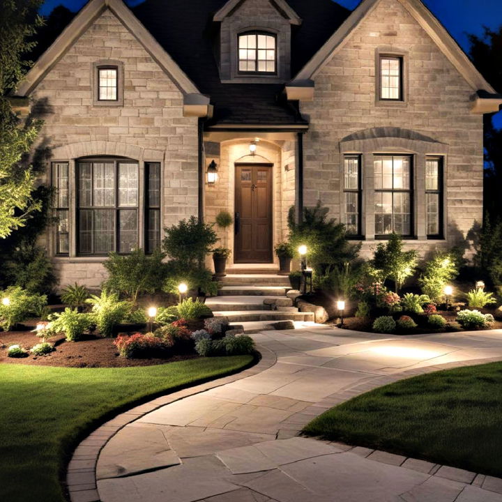 pretty landscaping with spotlights